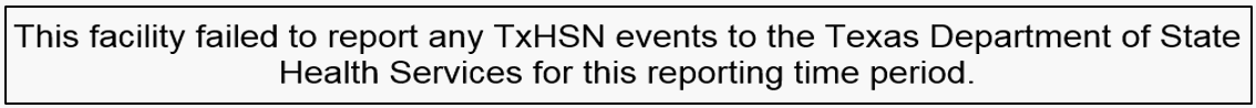 Description: This facility failed to report any TxHSN events to the Texas Department of State Health Services for this reporting time period.